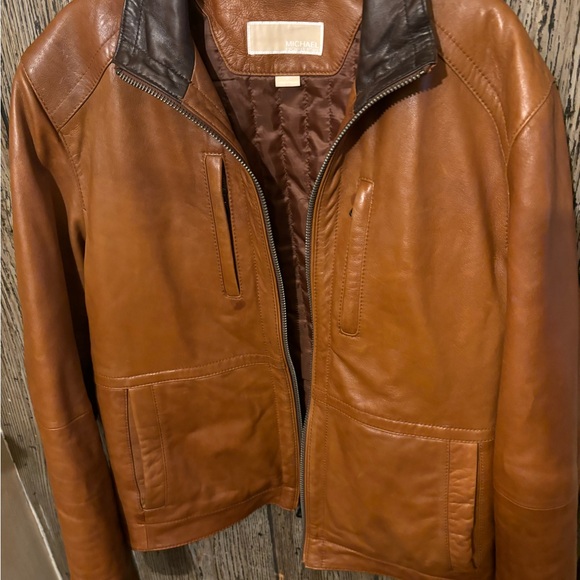 Michael Kors Mens Leather Jacket Brown Cognac Zipper Moto Mens Med - Picture 7 of 10